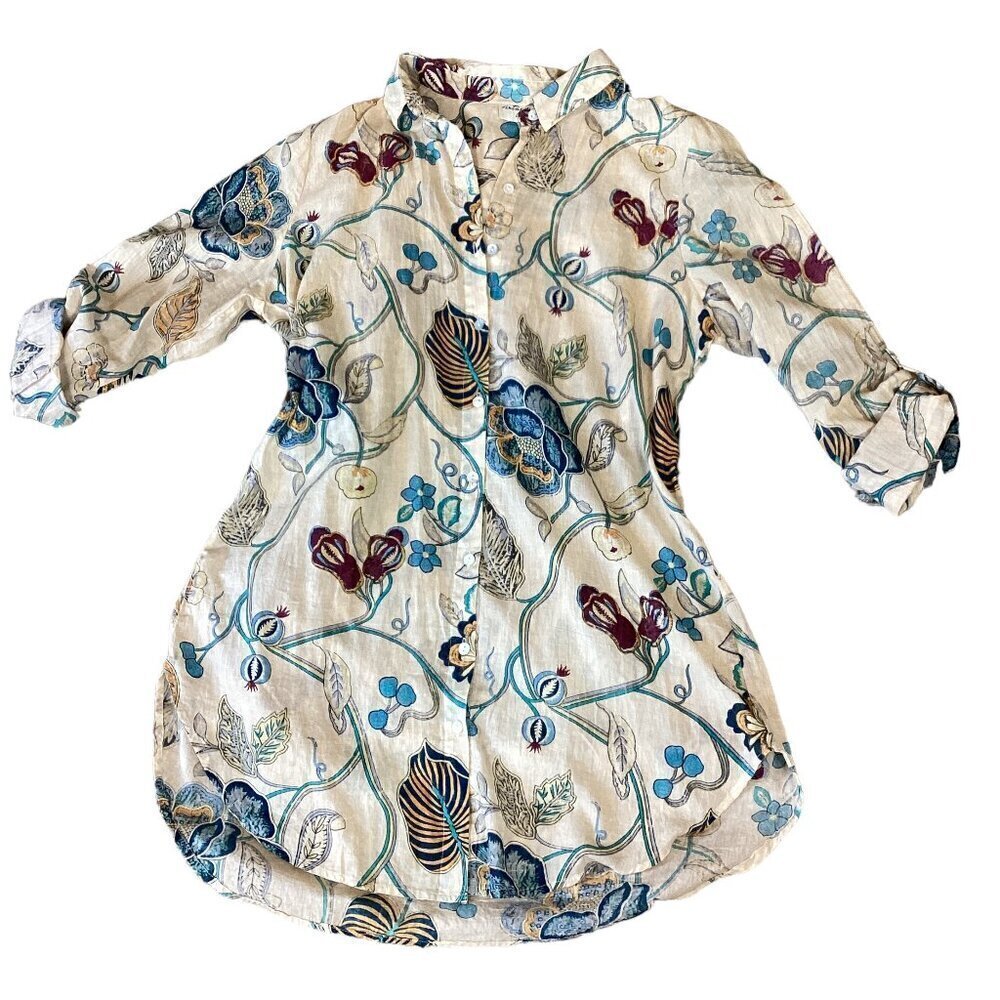 Vintage Goa 100% Cotton Floral Button Up Gauzy Tunic‎ Top/Cover-up Sz L 280F
